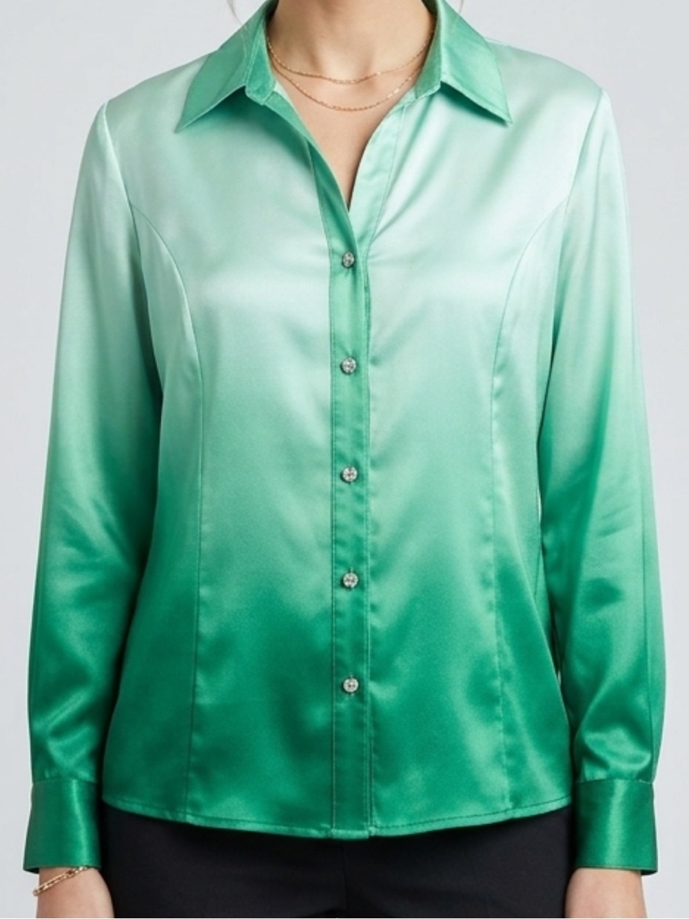Satin Button-Front Shirt Blouse - Green Ombre